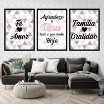 Kit 3 Quadros Fé, Amor, Família Triângulos 24x18cm