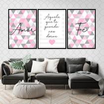 Kit 3 Quadros Fé Amor Triângulos Rosa 45x34cm - com vidro