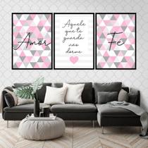 Kit 3 Quadros Fé Amor Triângulos Rosa 60x40cm Kit 3 Quadros Fé Amor Triângulos Rosa 60x40cm