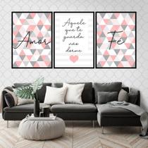 Kit 3 Quadros Fé Amor Triângulos Salmon 45x34cm - com vidro Kit 3 Quadros Fé Amor Triângulos Salmon 45x34cm - com vidro