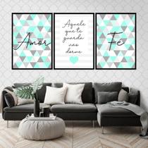 Kit 3 Quadros Fé Amor Triângulos Turquesa 33x24cm - com vidro Kit 3 Quadros Fé Amor Triângulos Turquesa 33x24cm - com vidro