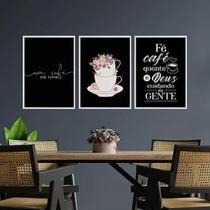 Kit 3 Quadros Fé Café E Deus 24X18Cm - Madeira Preta