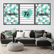 Kit 3 Quadros Fé e Família - Geométrico 45x34cm - com vidro