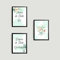 Kit 3 Quadros Fé e Gratidão Floral Suave 45x34cm - com vidro