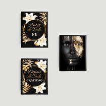 Kit 3 Quadros Fé e Gratidão Mulher Negra 24x18cm - com vidro