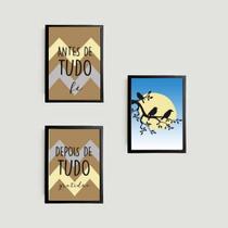 Kit 3 Quadros Fé E Gratidão Pássaros 45X34Cm Moldura Preta