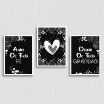 Kit 3 Quadros Fé e Gratidão Preto com Cinza 33x24cm - com vidro