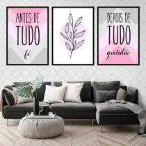 Kit 3 Quadros Fé Gratidão Rosa Cinza Folha 33x24cm - com vidro