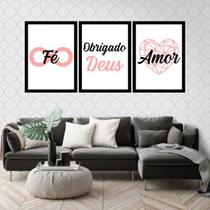 Kit 3 Quadros Fé, Obrigado Deus e Amor 24x18cm - com vidro Kit 3 Quadros Fé, Obrigado Deus e Amor 24x18cm - com vidro