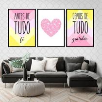 Kit 3 Quadros Fé Rosa Amarelo Coração 60x40cm Kit 3 Quadros Fé Rosa Amarelo Coração 60x40cm
