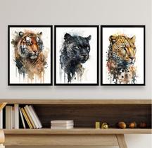 Kit 3 Quadros Felinos Aquarela Tigre OnçaPantera 33x24cm - com vidro