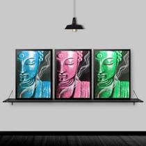 Kit 3 Quadros Feng Shui Budas Coloridos 24X18 Moldura Branca