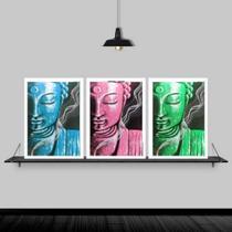 Kit 3 Quadros Feng Shui Budas Coloridos 45X34 C/Vidro Branca