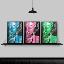 Kit 3 Quadros Feng Shui Budas Coloridos 45x34cm - com vidro