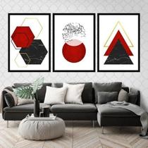 Kit 3 Quadros Figuras Geométricas Vermelhas 33X24Cm Preta