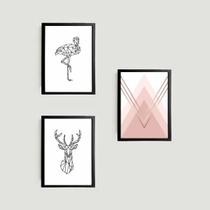 Kit 3 Quadros Flamingo e Alce Geométrico 24x18cm - com vidro