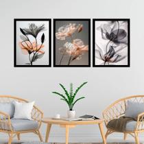 Kit 3 Quadros Florais Nuances Cinza e Laranja 33x24cm Kit 3 Quadros Florais Nuances Cinza e Laranja 33x24cm