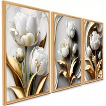 Kit 3 Quadros Flores Flor Tulipas Branca Dourada Ouro Amor