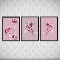 Kit 3 Quadros Flores Rosas Tinta 45x34cm - com vidro