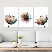 Kit 3 Quadros Flores Suaves Multicor 24X18Cm Moldura Branca
