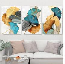 Kit 3 Quadros Flores uis E Douradas 24X18Cm Moldura Branca