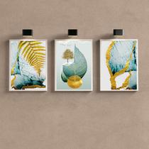 Kit 3 Quadros Folha Dourada VerdeÁgua 33x24cm - com vidro