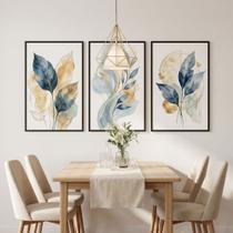 Kit 3 Quadros Folhagem Azul Dourado Aquarela com Moldura Cor da Moldura:Preta Kit 3 Quadros Folhagem Azul Dourado Aquarela com Moldura Cor da Moldura:Preta