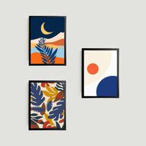 Kit 3 Quadros Folhagem e Lua Multicoloridos 45x34cm - com vidro Kit 3 Quadros Folhagem e Lua Multicoloridos 45x34cm - com vidro