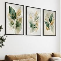 Kit 3 Quadros Folhagem Verde Dourado Aquarela com Moldura