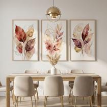 Kit 3 Quadros Folhagem Vermelho Dourado Aquarela com Moldura