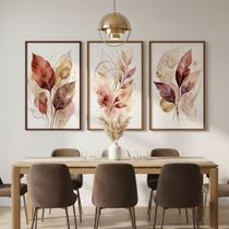Kit 3 Quadros Folhagem Vermelho Dourado Aquarela com Moldura Kit 3 Quadros Folhagem Vermelho Dourado Aquarela com Moldura