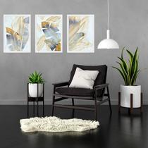 Kit 3 Quadros Folhas Bananeira Prata e Dourado 33x24cm