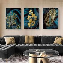 Kit 3 Quadros Folhas Douradas - Abstratos - Moldura Caixa + Foam + Vidro em Vários Tamanhos - Artfine