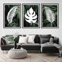 Kit 3 Quadros Folhas Tropicais Branco 60x40cm