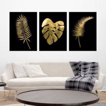 Kit 3 Quadros Folhas Tropicais Dourado 24x18cm - com vidro