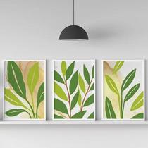 Kit 3 Quadros Folhas Verdes Fundo Branco 24x18cm - com vidro Kit 3 Quadros Folhas Verdes Fundo Branco 24x18cm - com vidro