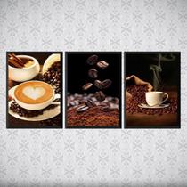 Kit 3 Quadros Fotografia Grãos De Café 45X34Cm Vidro Branca