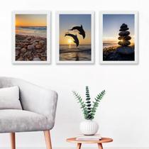 Kit 3 Quadros Fotografia Praia Por Do Sol Golfinhos 24x18cm