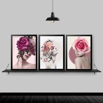 Kit 3 Quadros Fotografias Mulheres Floral 24X18 Vidro Branca