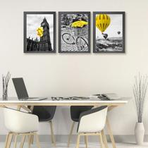 Kit 3 Quadros Fotografias Preto Branco EAmarelo 45x34cm - com vidro