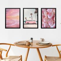Kit 3 Quadros Fotografias Rosadas Praia 45x34cm - com vidro