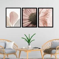 Kit 3 Quadros Fotos Fragmentos Flores Rosê 24X18Cm - Vidro