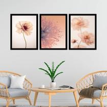 Kit 3 Quadros Fotos Modernas Flores Tons Pêssego 33x24cm - com vidro