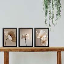 Kit 3 Quadros Fotos Suaves Flores Bege Para Sala ou Quarto 33x24cm - com vidro