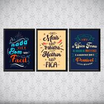 Kit 3 Quadros Frase Motivacional Trabalho 45X34 Vidro Branca