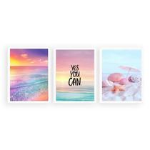 Kit 3 Quadros Frase Praia Motivacional 24X18Cm - Com Vidro