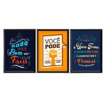 Kit 3 Quadros Frases Motivadoras Trabalho 24X18Cm Preta