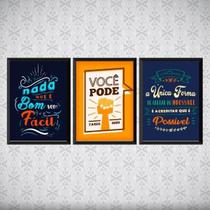 Kit 3 Quadros Frases Motivadoras Trabalho 33X24Cm Preta