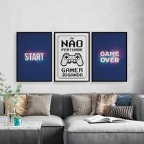 Kit 3 Quadros Gamer Start Game Over 33x24cm