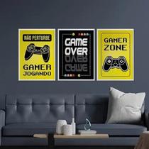 Kit 3 Quadros Gamer Zone Amarelo e Preto 24x18cm - com vidro